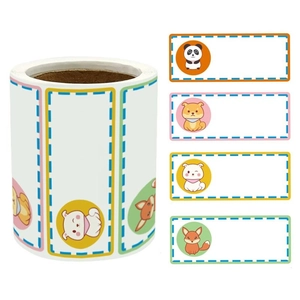 Detail von wasserdichten Namensetiketten mit Panda- und Shiba-Inu-Tiermotiven für Kinder