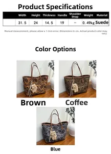 Detailed size chart and specifications for the vintage paisley print suede tote bag