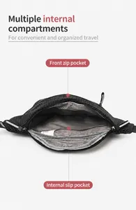 Detailed interior of grid cross-body bag showing stripe lining and functional compartments