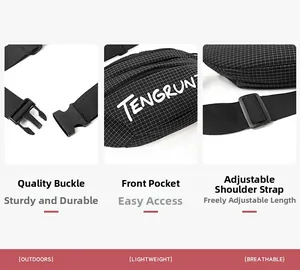Detail of durable ripstop fabric, heavy-duty buckle and adjustable strap on waist bag
