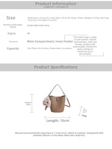 Guide des tailles pour sac seau en PU avec dimensions 16x14x18cm et détails de capacité