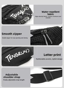 Detailed view of the water-resistant fabric and smooth zipper of this black crossbody bag