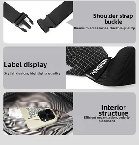 Detail of crossbody bag buckle, logo strap, and striped interior lining with phone storage