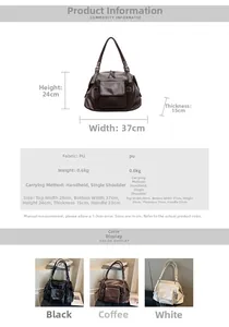 Detailed size parameters and layout showing a large vintage PU leather tote bag capacity
