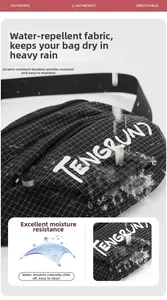 Close-up of waterproof fabric on black crossbody bag showing water splash resistance