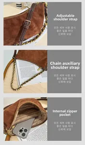 Detail view of adjustable leather strap, gold chain, and inner pocket of suede bag