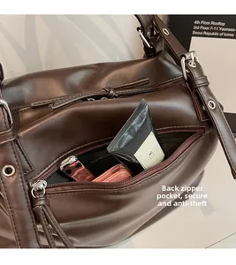 Detail of vintage brown tote featuring a secure back zipper pocket for anti-theft storage