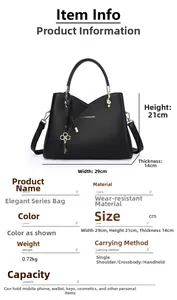 Detailed size chart of black lychee leather handbag showing 29x21x14cm dimensions