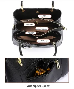 Detail of lychee pattern leather handbag showing multi-compartment interior and back zipper