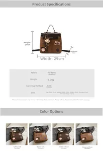Detailed size specifications and material chart for the vintage PU leather backpack