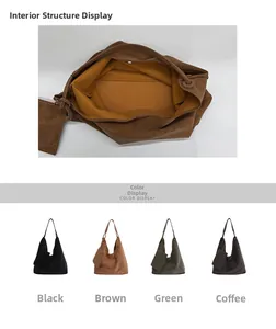 Detail view of large tote bag interior and color options in brown, green, and black
