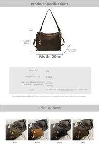 Detailed view of women's leather crossbody bag with size specs and four color variants