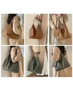 Detailed views of vintage large tote bag and matching pouch in brown and green colors