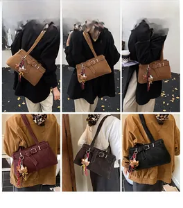 Multiple views of a vintage tote bag with bear charm shown on a model in neutral tones