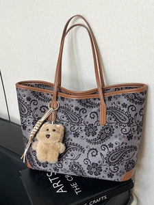 Vintage Paisley Floral Print Large Capacity Tote Bag For Women Suede Fashion Shoulder Bag With Bear Pendant