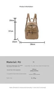 Detailed size chart for large PU backpack showing 30x37x15cm dimensions and capacity