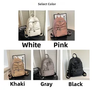 Detailed view of large capacity PU leather backpacks in five colors with tassel zipper