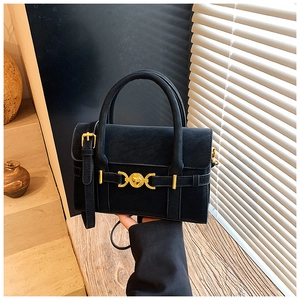 Detail of vintage black leather crossbody bag with golden lion head emblem and metal buckle