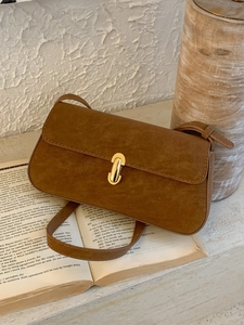 Minimalist brown matte faux suede crossbody bag with gold buckle for women