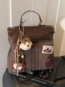 Vintage PU Leather Women Fashion Backpack Large Capacity Patchwork Preppy Style School Bag With Cartoon Patches And Plush Pendant Casual Daily Commute Handbag