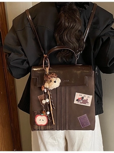 Retro large-capacity canvas backpack with cute embroidery and plush bear pendant detail