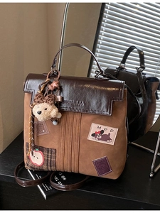 Retro oversized commute backpack for women with cartoon patches and plush bear charm