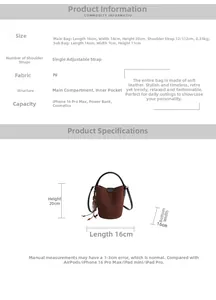 Detailed size chart for retro PU leather bucket bag with dimensions and capacity info