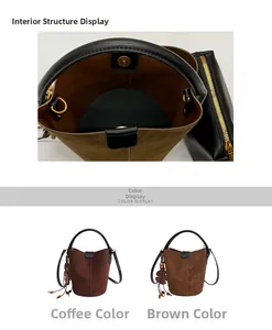 Detail view of suede bucket bag showing spacious interior and flower charm accessory