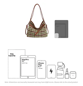 Detailed capacity guide for checkered tote bag fitting iPad Pro 11 and iPhone Plus