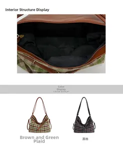 Detail view of large vintage plaid tote bags with internal structure and color options