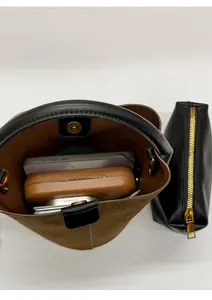 Top view of retro bucket bag set with inner pouch showing large storage capacity