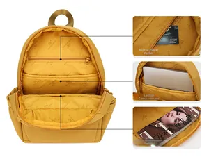 Detail view of mustard yellow backpack with multi-functional compartments and laptop sleeve