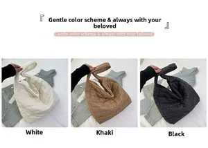 Quilted tote bags shown in white, khaki, and black with large diamond patterns