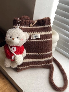 Women Knitted Striped Bucket Bag Color Contrast Crochet Shoulder Bag With Teddy Bear Charm Casual Crossbody Bag Horn Button