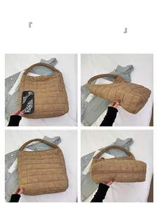 Four-way view of brown quilted dumpling tote bag with grid pattern and padded handles