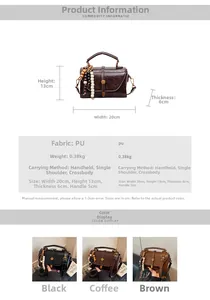 Detail view of vintage PU leather crossbody bag with wooden beads and metal hardware