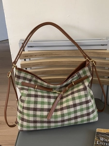 Damen Vintage Schultertasche Mit Karomuster Großes Fassungsvermögen Wollte Tasche Retro Britischer Stil PU Leder Besatz Pendler Hobo Handtasche