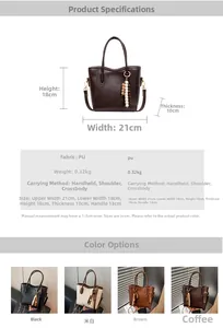 Guide des tailles du sac seau en PU incluant dimensions, poids et styles de port