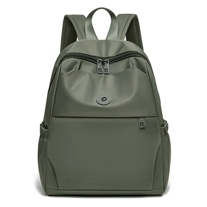 Detail of waterproof army green oxford backpack featuring multi-zippered compartments