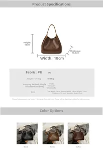 Guide des tailles montrant les dimensions du sac seau en PU et trois coloris