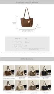 Detailed chart showing tote bag dimensions 36x28x9cm and eight available color variants