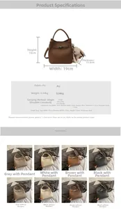 Detailed size specifications and material parameters for PU bucket shoulder bag with chart