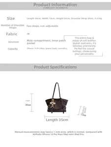 Detailed size specifications for large vintage PU leather tote bag with internal pockets