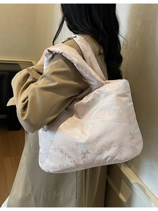 Pink quilted shoulder bag with Chinese embroidery pattern and silk texture for women