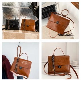 Detailansicht der Retro-Handtasche aus Lackleder mit Vintage-Verschluss und dekorativem Seidenschal