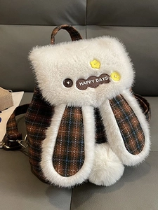 Women Fashion Kawaii Plush Rabbit Ears Backpack Plaid Patchwork Mini School Bag For Girls Casual Daily Travel Rucksack