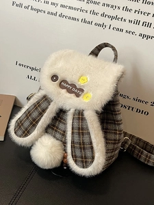 Fashionable brown plaid plush bunny backpack for women with soft fur details and cute patch
