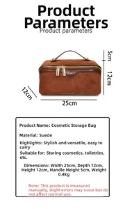 Brown suede makeup bag dimensions 25x12x12cm with dual zipper and top handle detail
