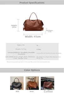 Detailed size chart showing dimensions of the large PU leather Boston travel tote bag