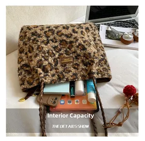 Leopard print plush tote bag with large internal capacity for iPad and essentials